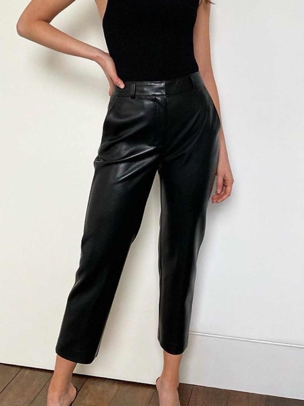 Babaton Black Faux Leather Straight-Leg Pants